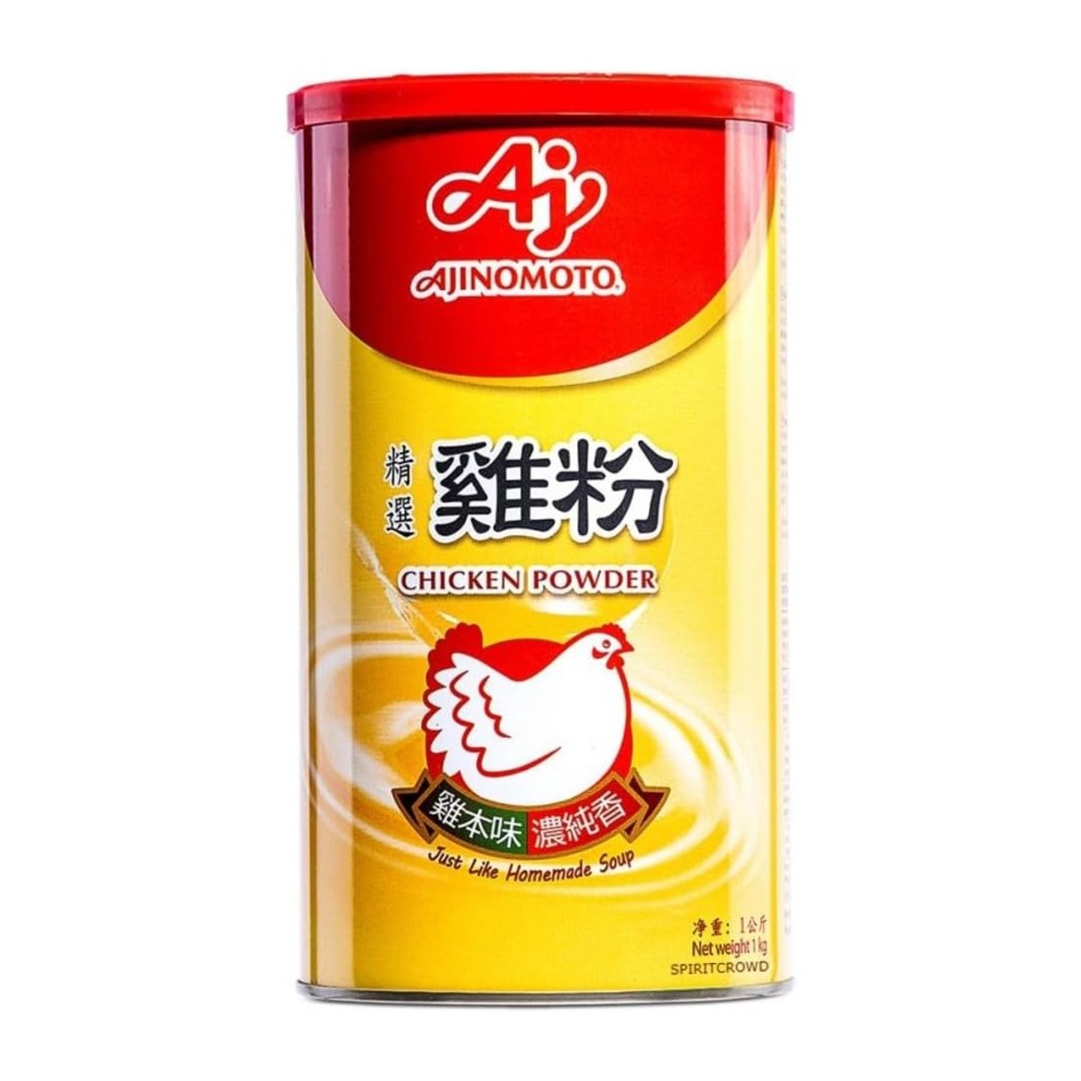 Ajinomoto Chicken Powder 1kg tin with red lid and yellow packaging featuring chicken illustration and Chinese text.