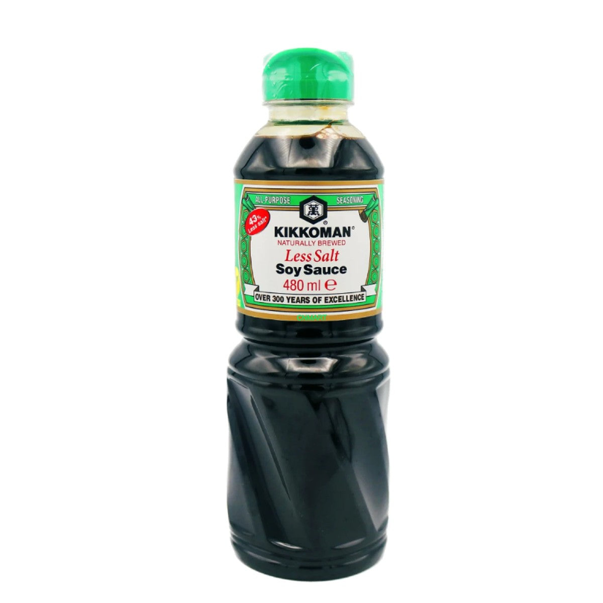 Kikkoman Less Salt Soy Sauce 480ml bottle with green cap, showing naturally brewed reduced salt soy sauce in a clear plastic bottle on a white background.