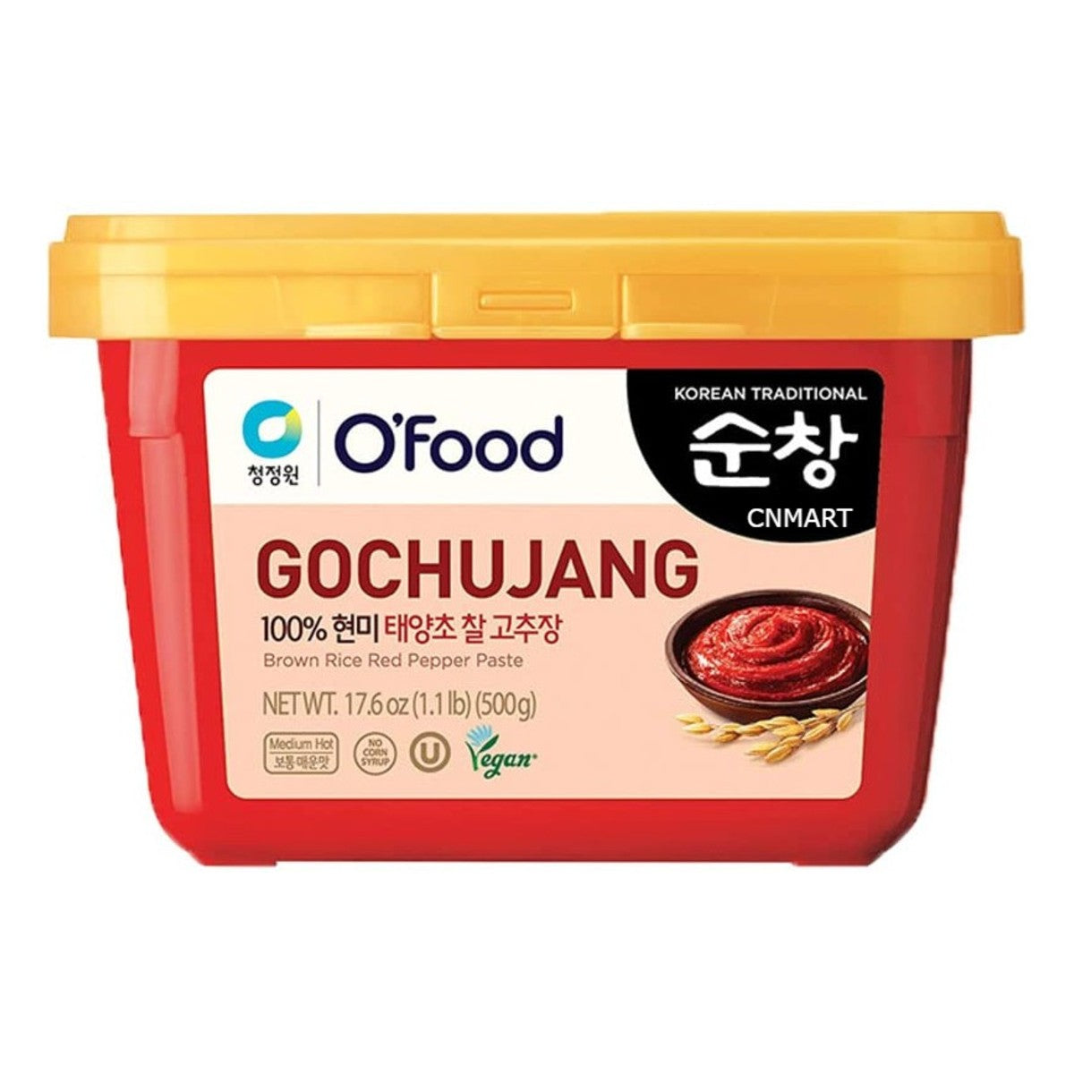 O'Food gochujang brown rice red pepper paste medium hot Korean chilli paste in a red 500g plastic tub with yellow lid and front label showing the paste and grains.