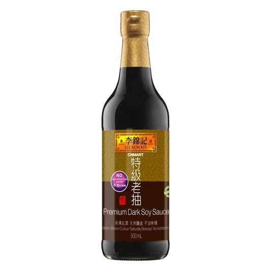 Lee Kum Kee Premium Dark Soy Sauce 500ml bottle with gold cap and brown label.