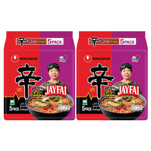 Nongshim Shin Ramyun Tom Yum Flavour instant ramen noodle multipack with Jay Fai branding, 5 x 123g packs, red and purple packaging, bowl of spicy noodles shown on front.