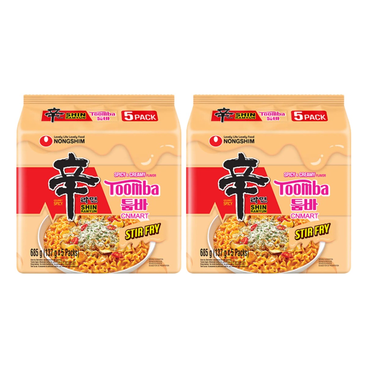 Two packs of Nongshim Shin Ramyun Toomba Stir Fry 5-pack noodles in beige packaging with spicy creamy flavour branding.