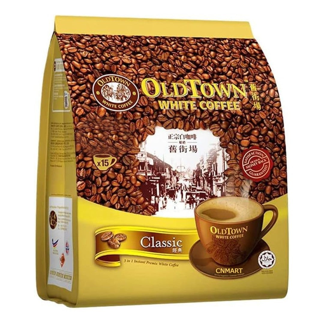 Old Town 3 in 1 Classic White Coffee 15 Sachets 474g Malaysian instant premix coffee in yellow retail pack with coffee beans design