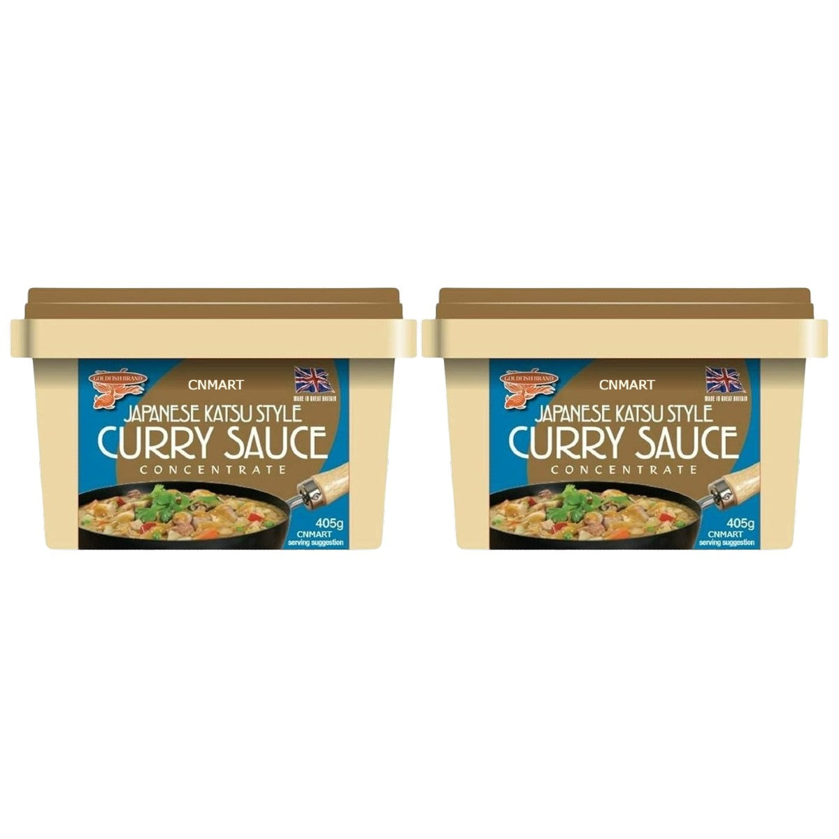 Two tubs of Goldfish Japanese Katsu Style Curry Sauce Paste Concentrate 405g in beige plastic tubs with blue labels and curry serving suggestion image