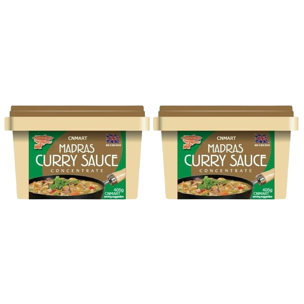 Two tubs of Goldfish Madras Curry Sauce Paste Concentrate 405g with green labels, beige plastic jars and curry serving suggestion image
