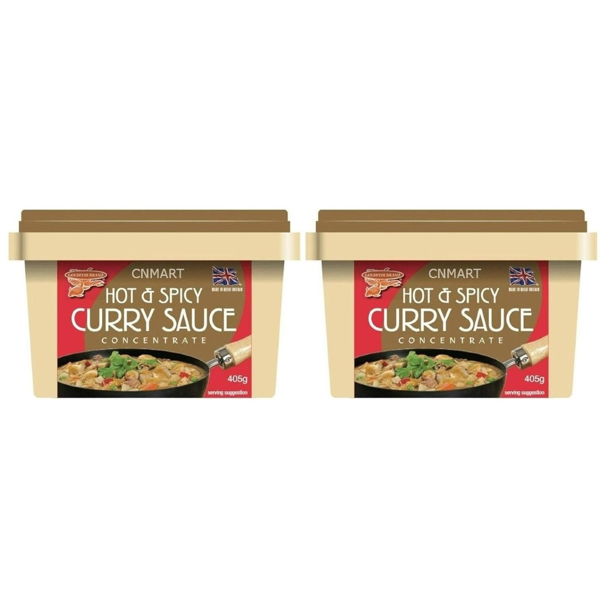 Two tubs of Goldfish Hot & Spicy Curry Sauce Concentrate 405g shown side by side with red and gold packaging and curry serving suggestion image