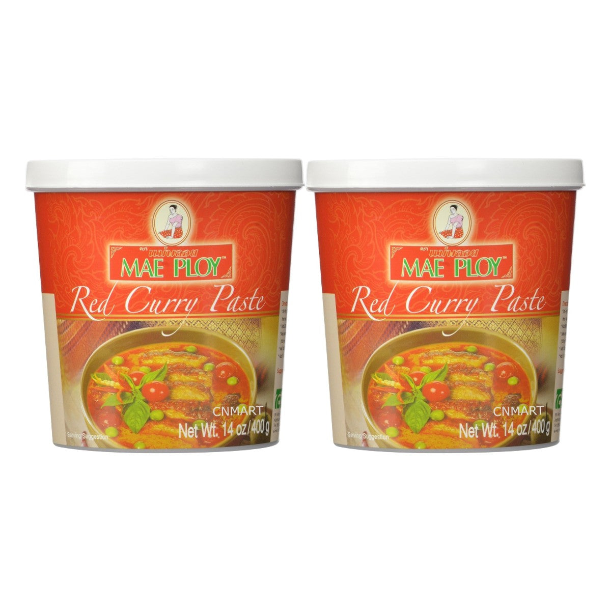Mae Ploy Thai Red Curry Paste 400g pack of two plastic tubs with red labels and Thai red curry serving suggestion