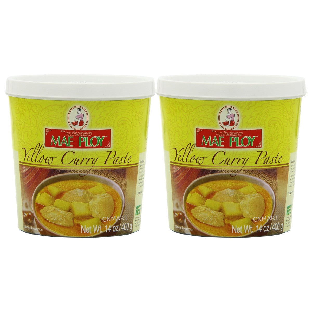 Mae Ploy Thai Yellow Curry Paste 400g pack of two plastic tubs with yellow labels and curry serving suggestion