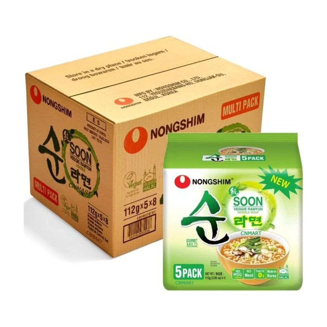 Nongshim Soon Veggie Ramyun Instant Noodle Soup Mild Halal 112g (Pack of 40)