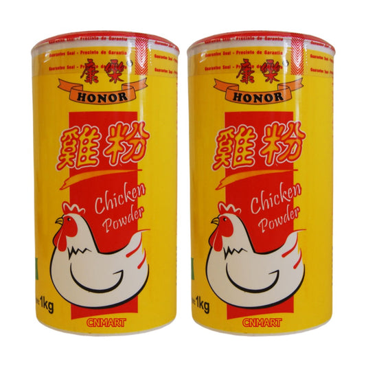 Honor Chicken Powder 1kg Pack of 2 chicken bouillon seasoning containers with chicken illustration, bulk chicken stock powder for soups, broths, noodles and savoury cooking.