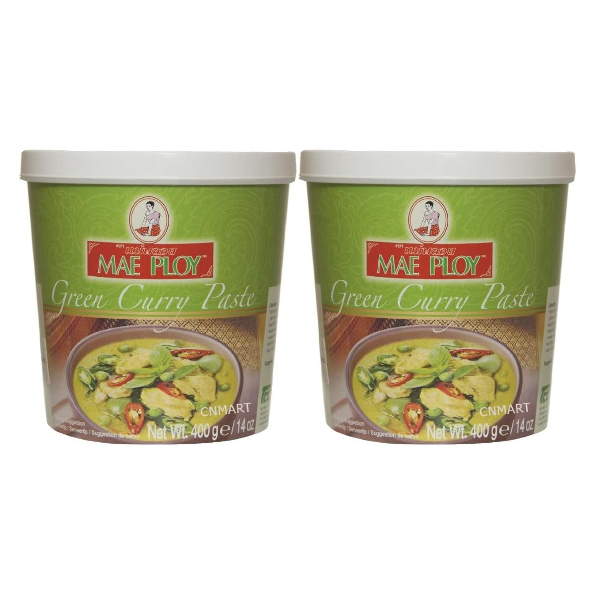 Mae Ploy Thai Green Curry Paste 400g twin pack in green plastic tubs with serving suggestion image