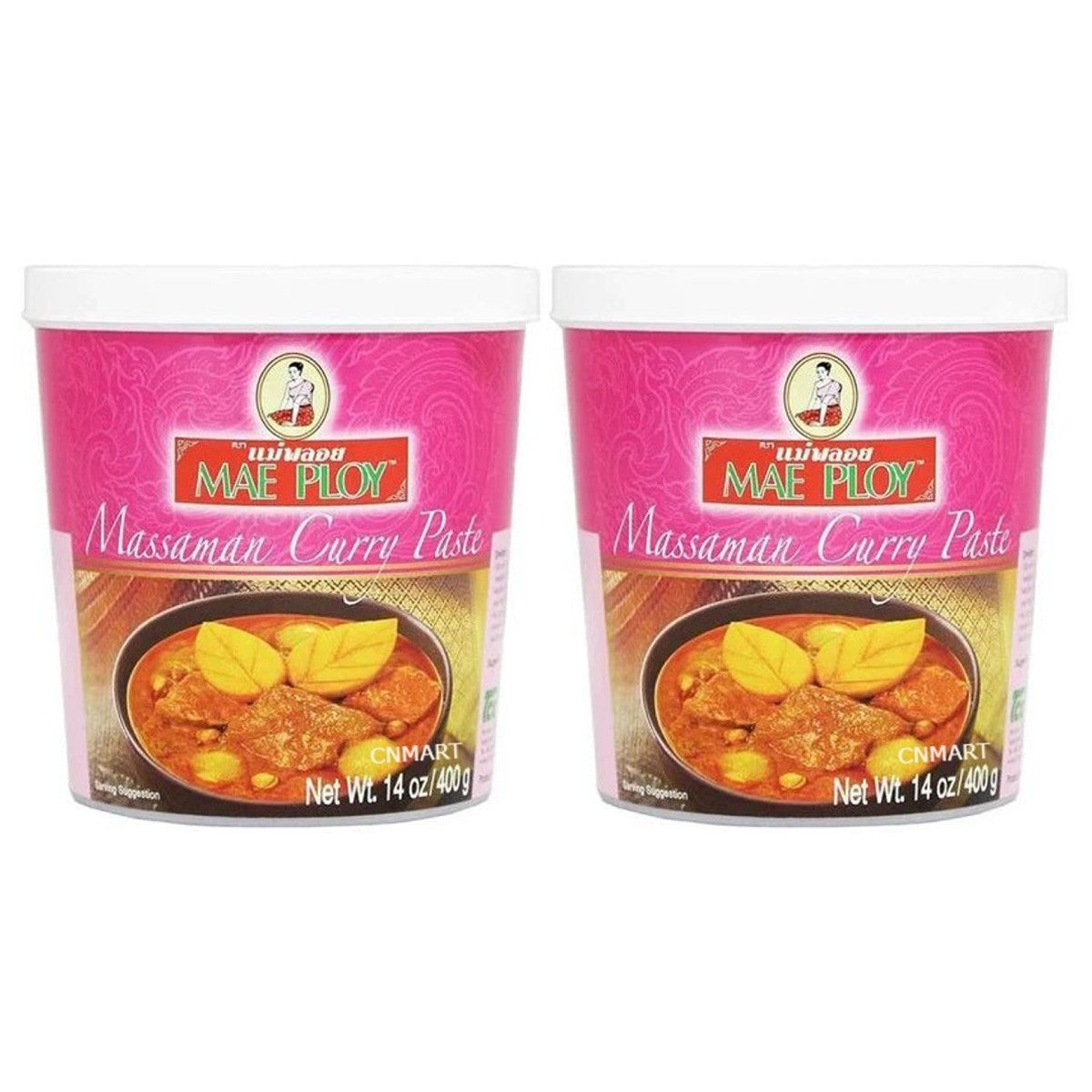 Mae Ploy Thai Massaman Curry Paste 400g pack of two sealed plastic tubs with Massaman curry serving suggestion on the label