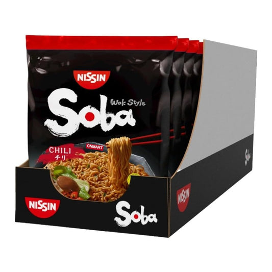 Nissin Soba Fried Instant Noodles Wok Style Chilli Flavour 111g shown in a display box containing nine individual packets