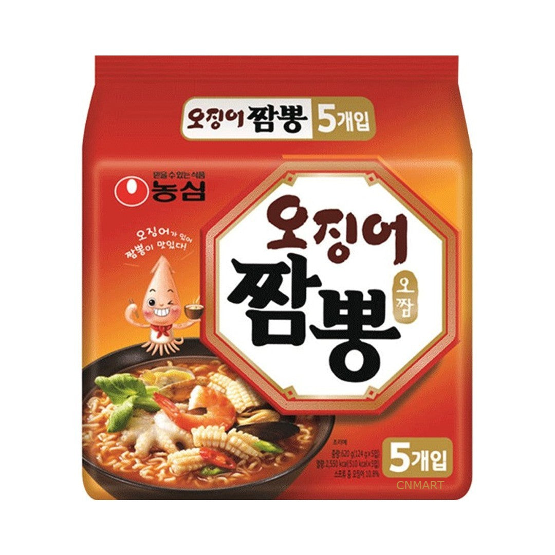 Nongshim Champong Ramyun 5-pack Korean spicy seafood noodle soup featuring squid, mussels and vegetables on bright orange packaging.