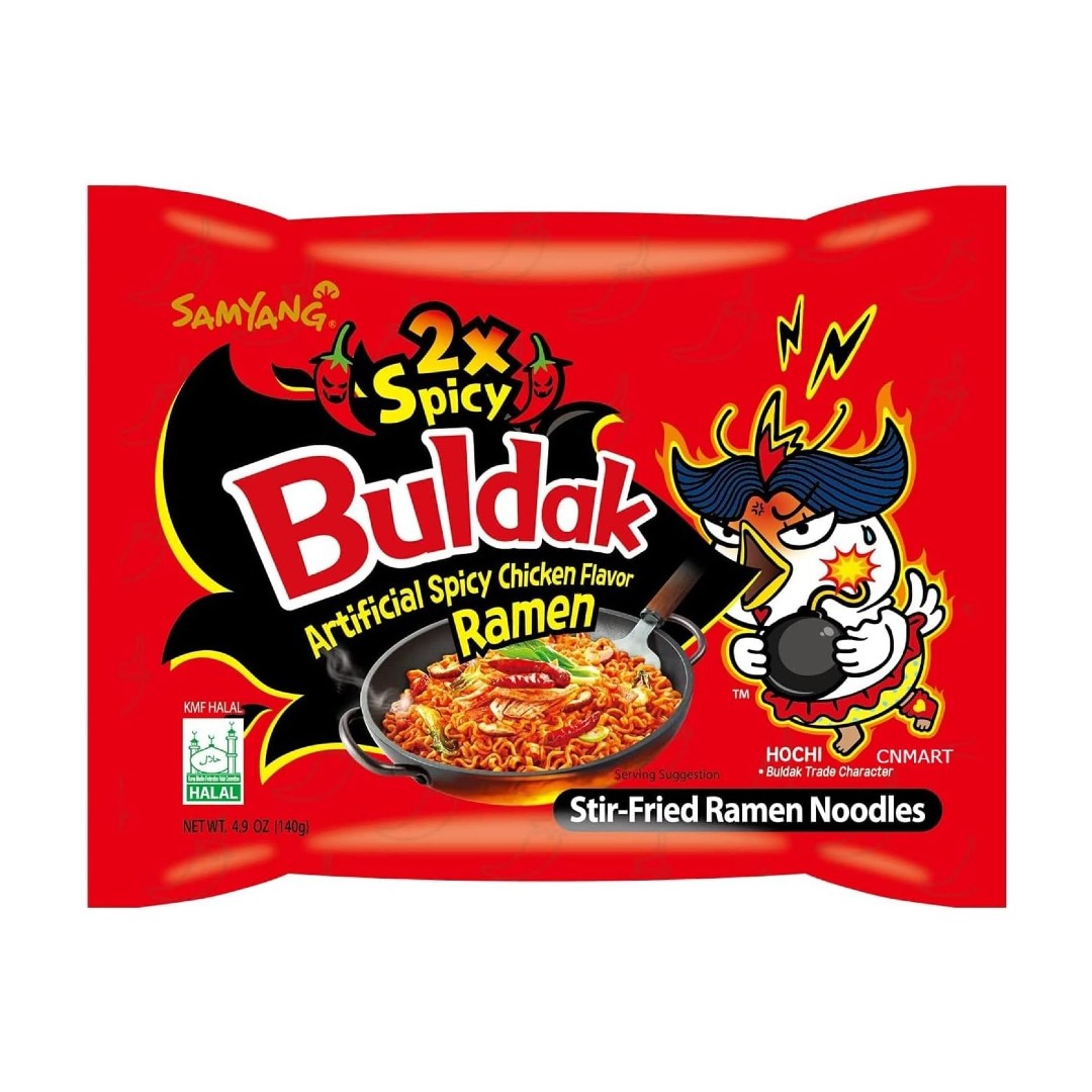 Samyang Buldak Double Spicy Hot Chicken Flavour Ramen 140g packaging, red packet with 2x spicy branding, stir-fried ramen image and Buldak chicken mascot