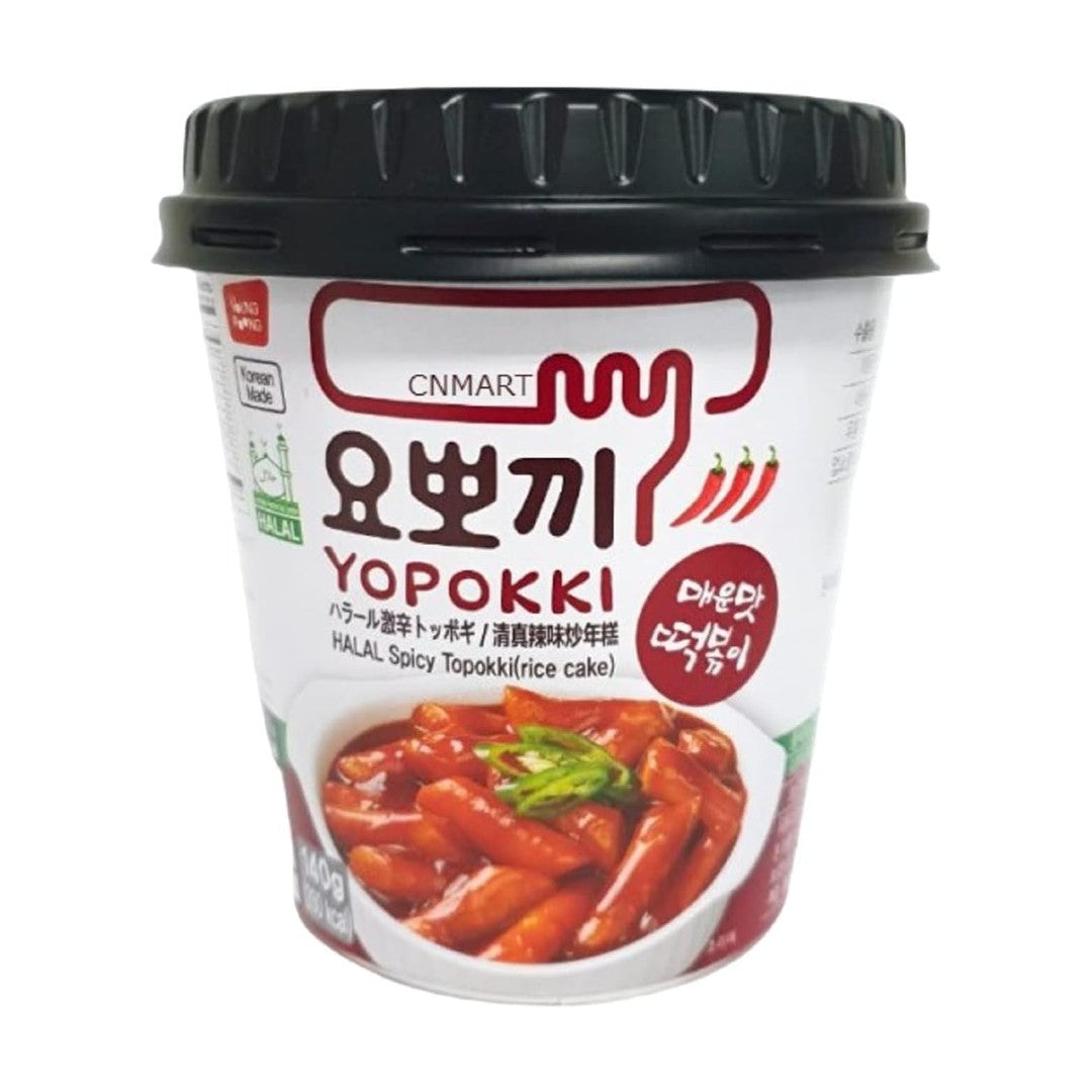 Young Poong Yopokki Instant Cup Tteokbokki Spicy Flavour 140g Korean rice cake cup with spicy sauce and halal marking on packaging