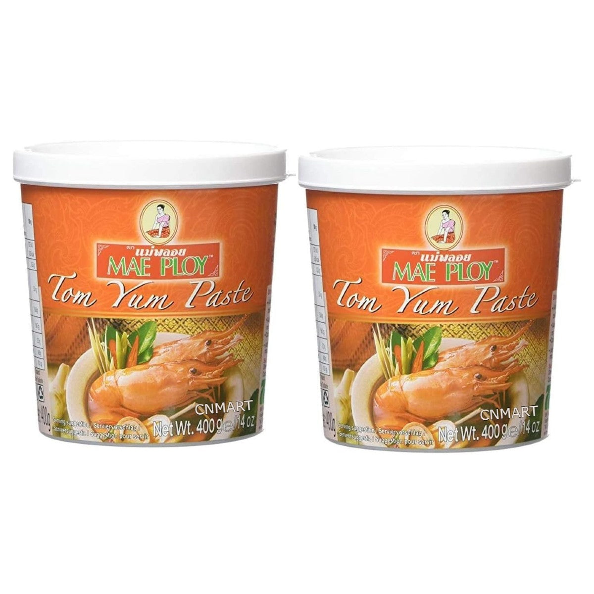 Two tubs of Mae Ploy Thai Tom Yum Curry Paste 400g with orange packaging, white lids and shrimp image on the label, front view product image