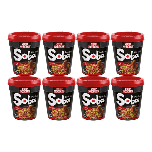 Nissin Soba Cup Noodles Chilli Flavour Wok Style 92g instant noodle cups multipack pack-of-8 with spicy Japanese-style wok noodles on white background
