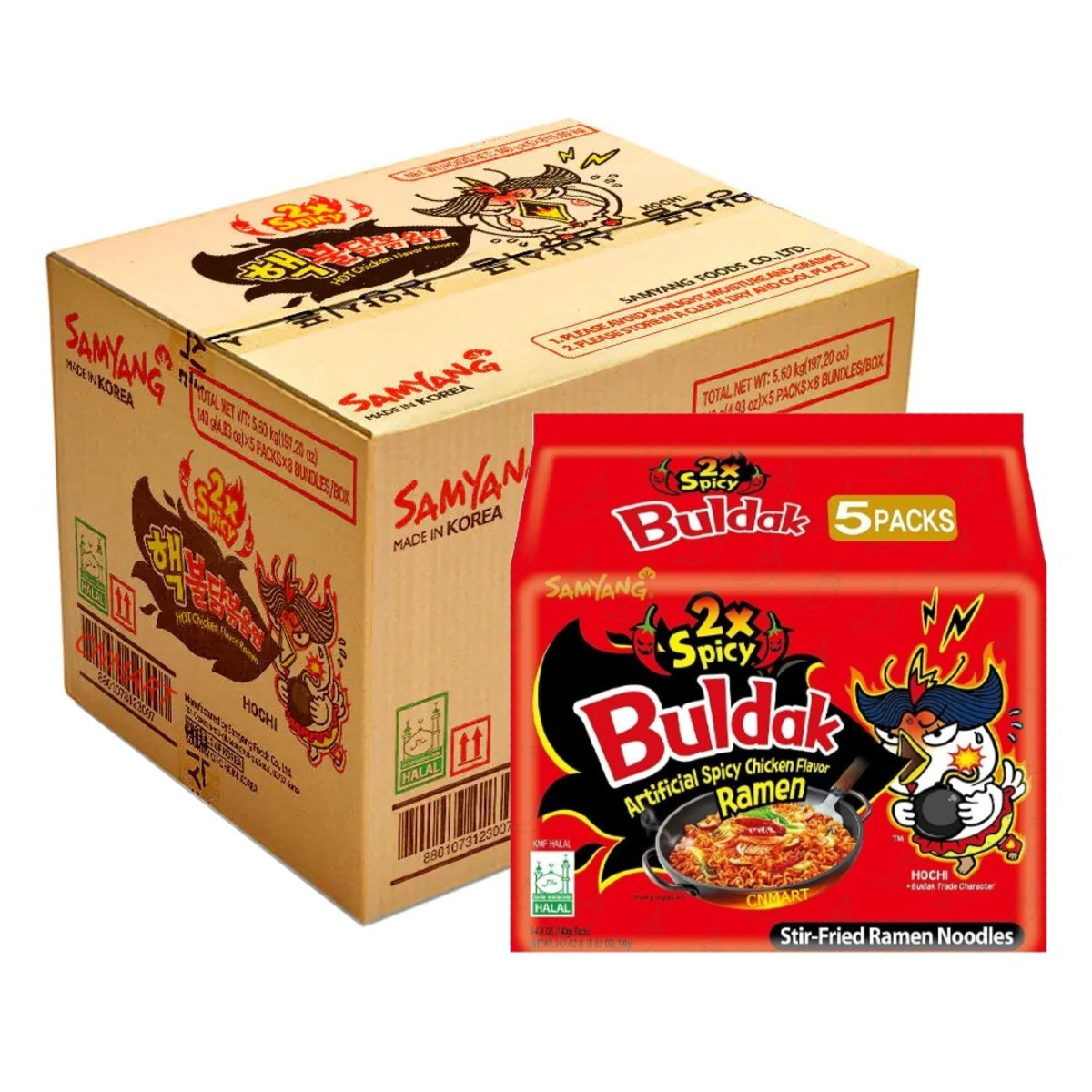 Samyang Buldak 2x Spicy Hot Chicken Flavour Ramen bulk carton representing pack 40, with a 5 pack retail pack displayed in front showing stir fried ramen noodles and halal certification