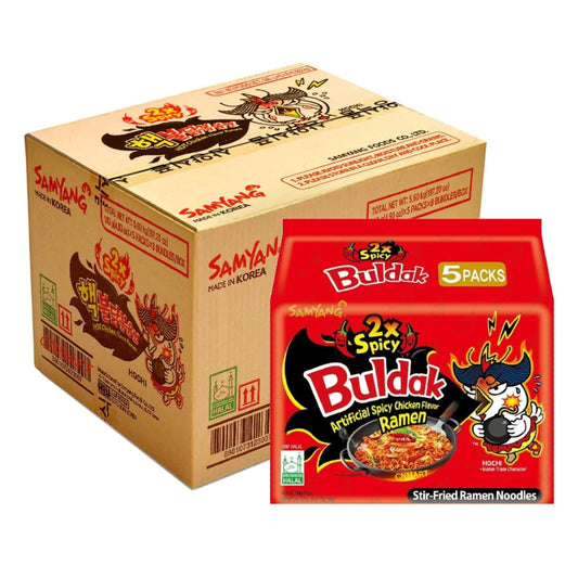 Samyang Buldak 2x Spicy Hot Chicken Flavour Ramen bulk carton representing pack 40, with a 5 pack retail pack displayed in front showing stir fried ramen noodles and halal certification