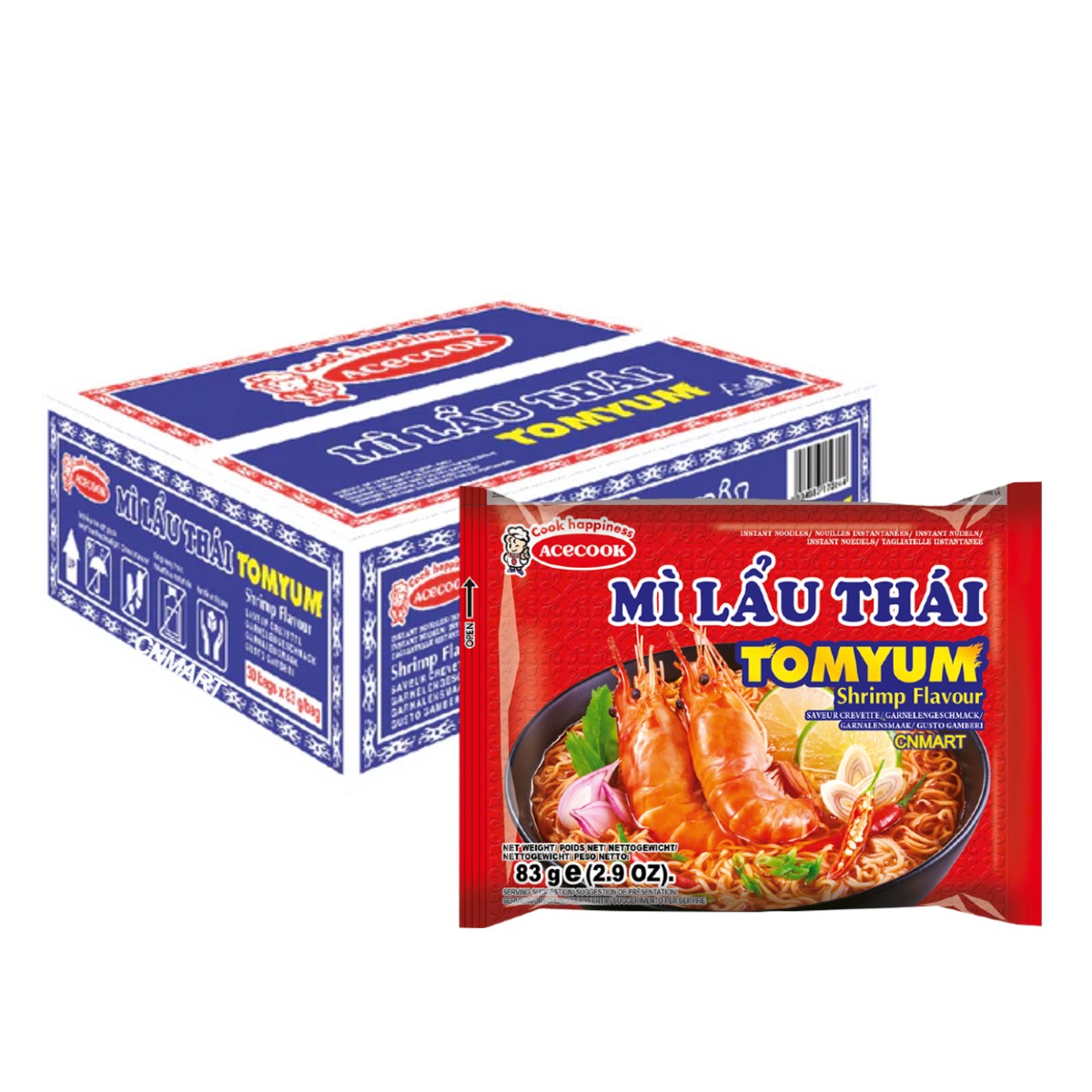Acecook Mi Lau Thai Tom Yum Shrimp Flavour Instant Noodles 83g individual packet shown with branded Mi Lau Thai carton containing 30 packs
