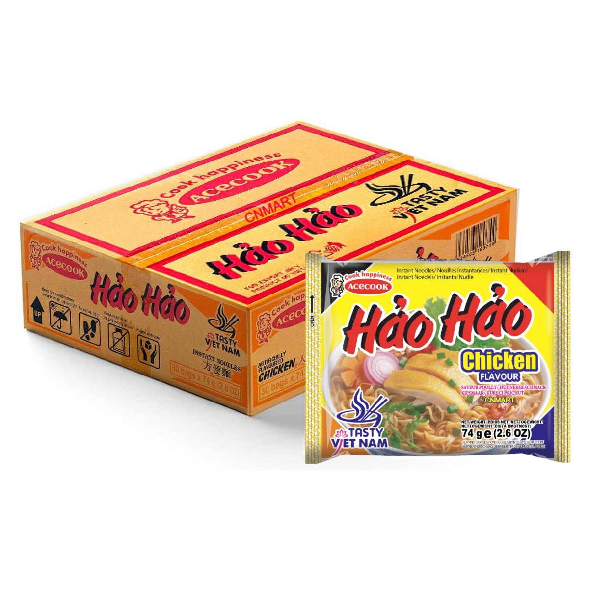 Acecook Hao Hao Chicken Flavour Instant Noodles 74g individual packet shown with Hao Hao branded carton containing 30 packs