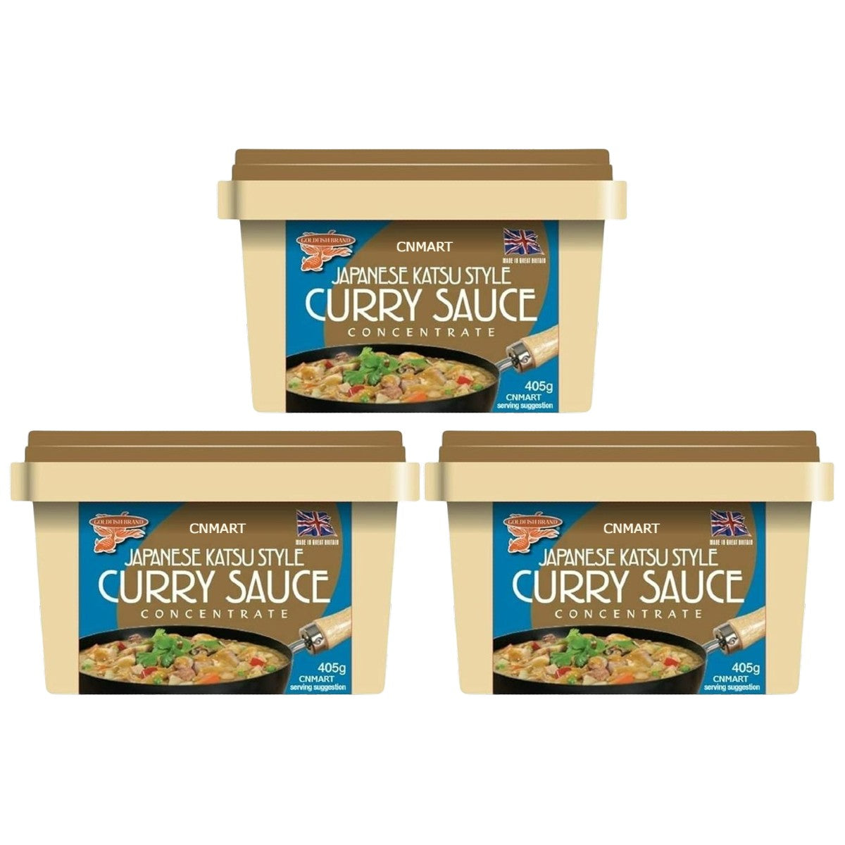 Three tubs of Goldfish Japanese Katsu Style Curry Sauce Paste Concentrate 405g in beige plastic tubs with blue labels and curry serving suggestion image
