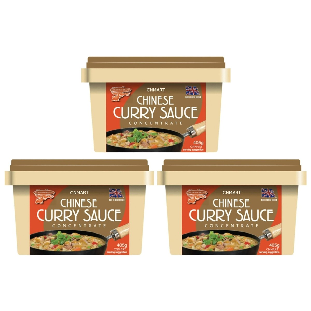 Three tubs of Goldfish Chinese Curry Sauce Paste Concentrate 405g displayed together in beige plastic jars with brown lids and curry serving suggestion image