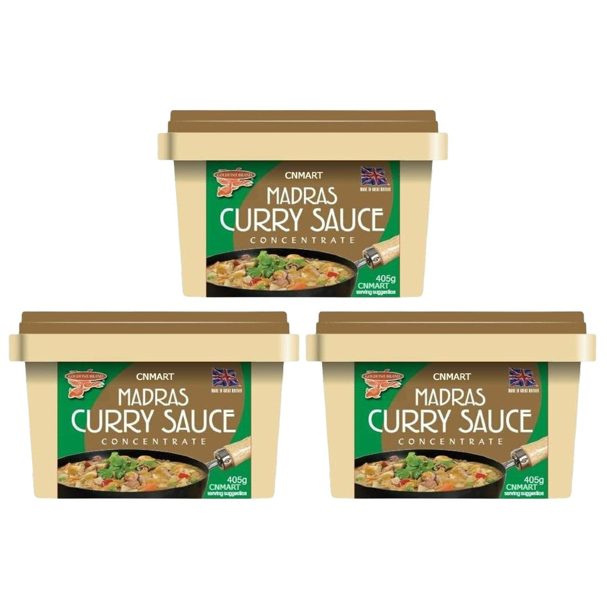 Three tubs of Goldfish Madras Curry Sauce Paste Concentrate 405g in beige plastic tubs with green labels and curry serving suggestion image