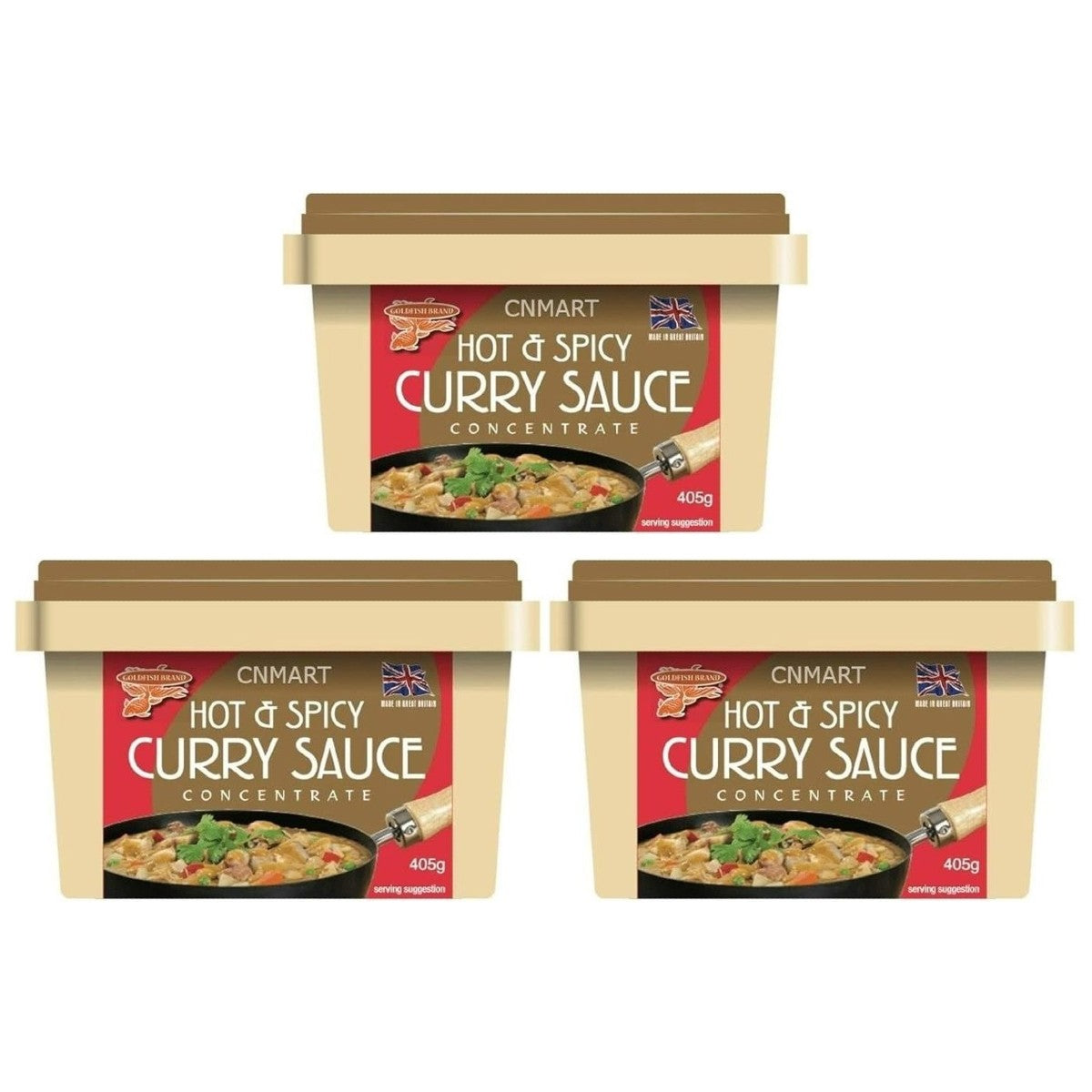 Three tubs of Goldfish Hot & Spicy Curry Sauce Concentrate 405g arranged in a group with red and gold packaging and curry serving suggestion image