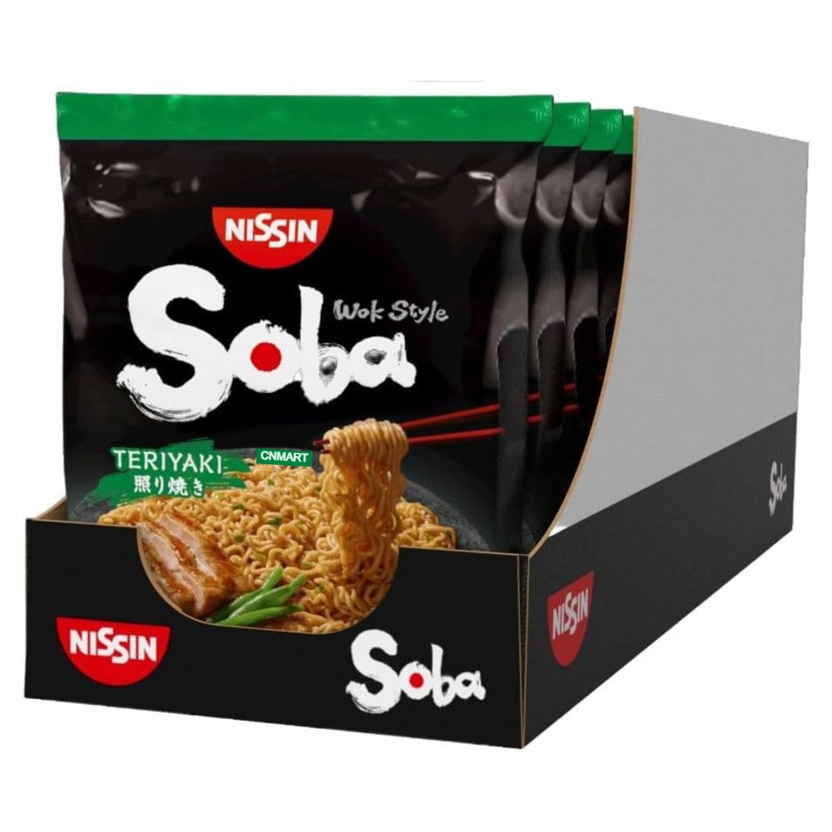 Nissin Soba Fried Instant Noodles Wok Style Teriyaki Flavour 110g shown in a retail display box containing nine individual packets