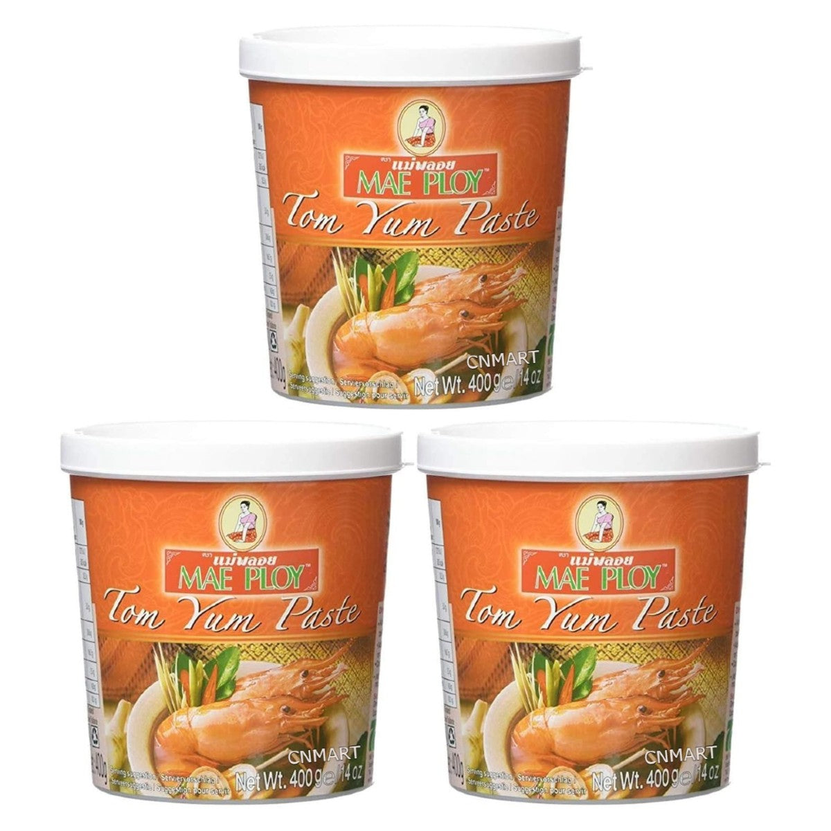 Three tubs of Mae Ploy Thai Tom Yum Curry Paste 400g with orange packaging, white lids and shrimp image on the label, front view product image