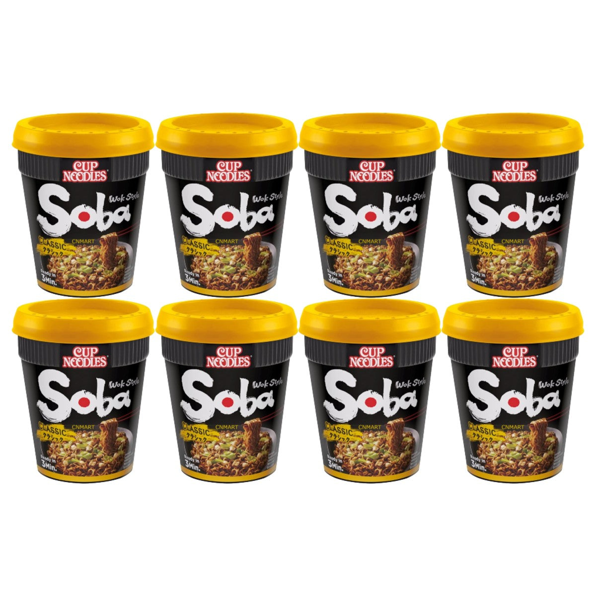 Nissin Soba Cup Noodles Classic Flavour Wok Style 90g instant noodle cups multipack pack-of-8 with Japanese-style stir-fried noodles and yellow lids on white background