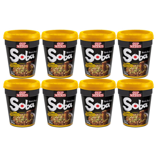 Nissin Soba Cup Noodles Classic Flavour Wok Style 90g instant noodle cups multipack pack-of-8 with Japanese-style stir-fried noodles and yellow lids on white background