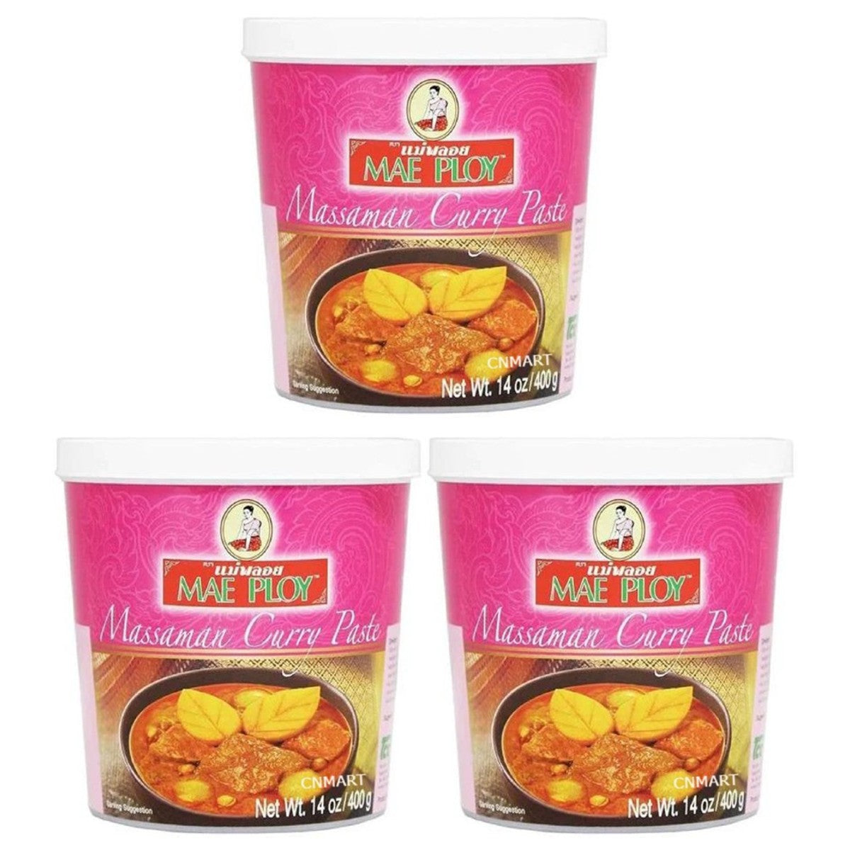Mae Ploy Thai Massaman Curry Paste 400g pack of three sealed plastic tubs with Massaman curry serving suggestion on the label