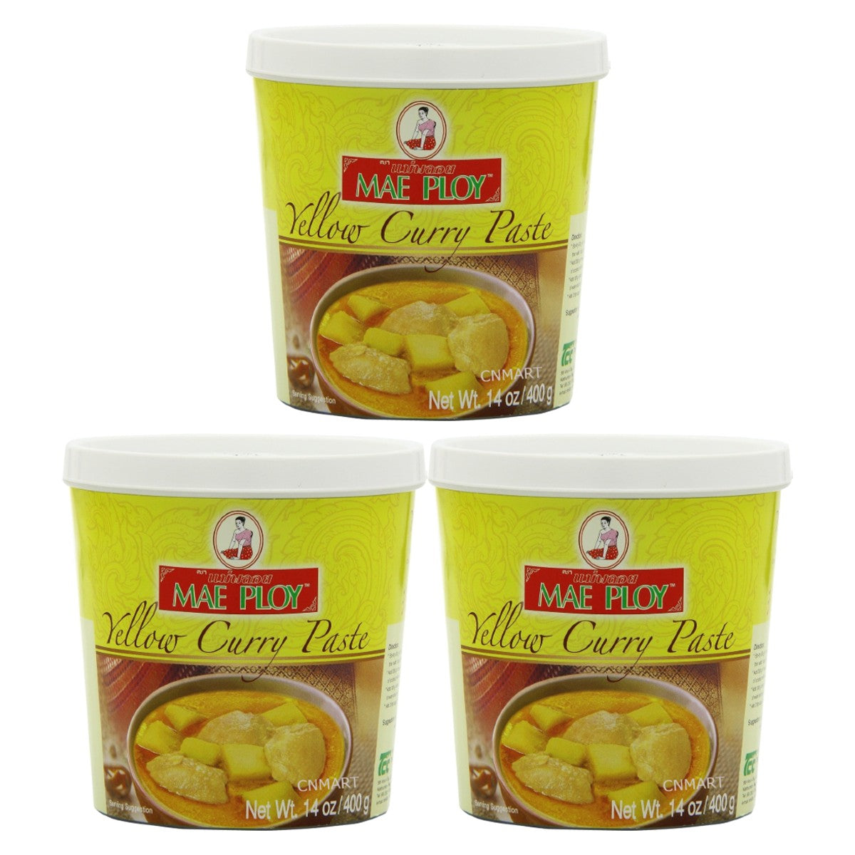 Mae Ploy Thai Yellow Curry Paste 400g shown as a pack of three plastic tubs with yellow labels and Thai curry serving suggestion