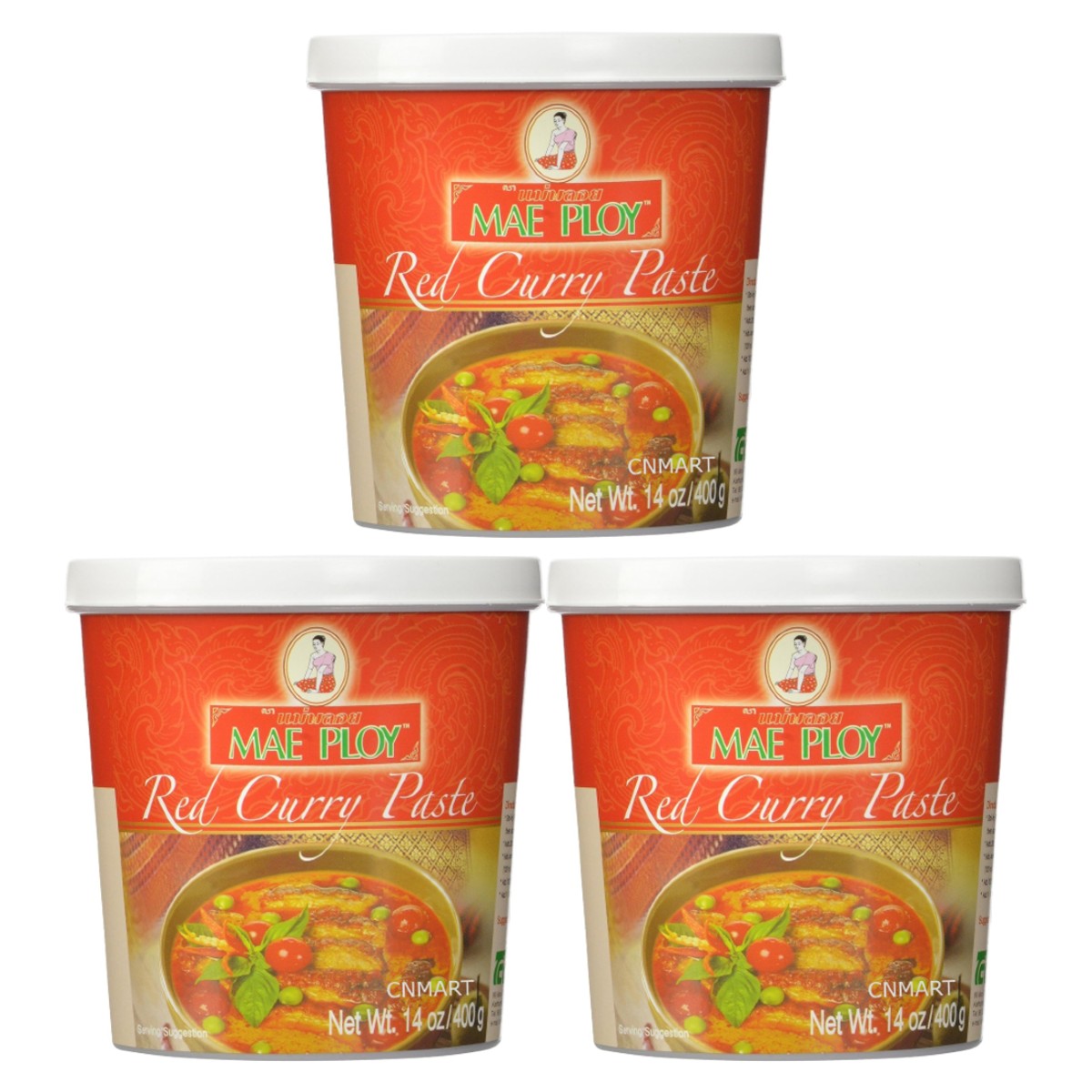 Mae Ploy Thai Red Curry Paste 400g shown as a pack of three plastic tubs with red labels and Thai red curry serving suggestion