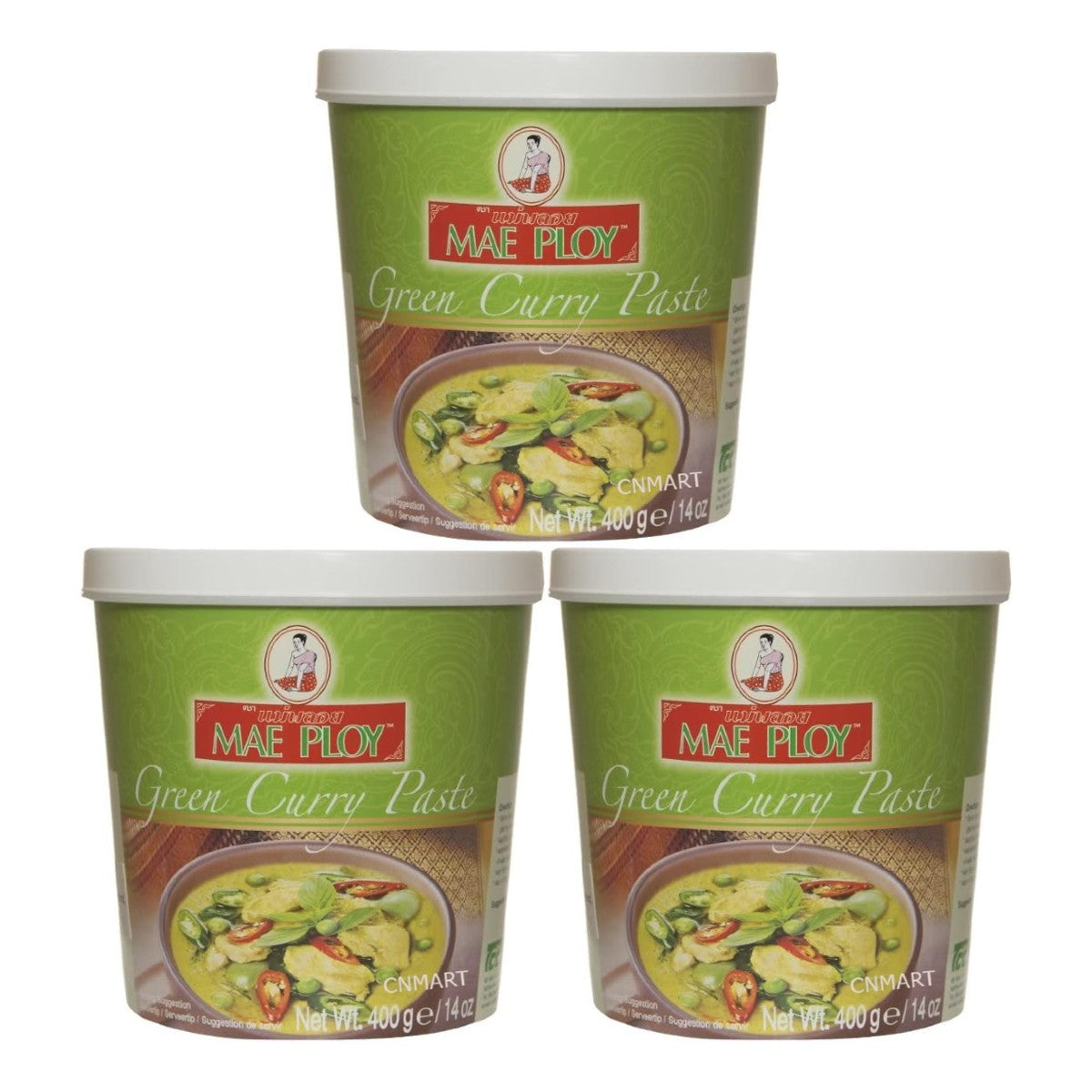 Mae Ploy Thai Green Curry Paste 400g triple pack in green plastic tubs with serving suggestion image