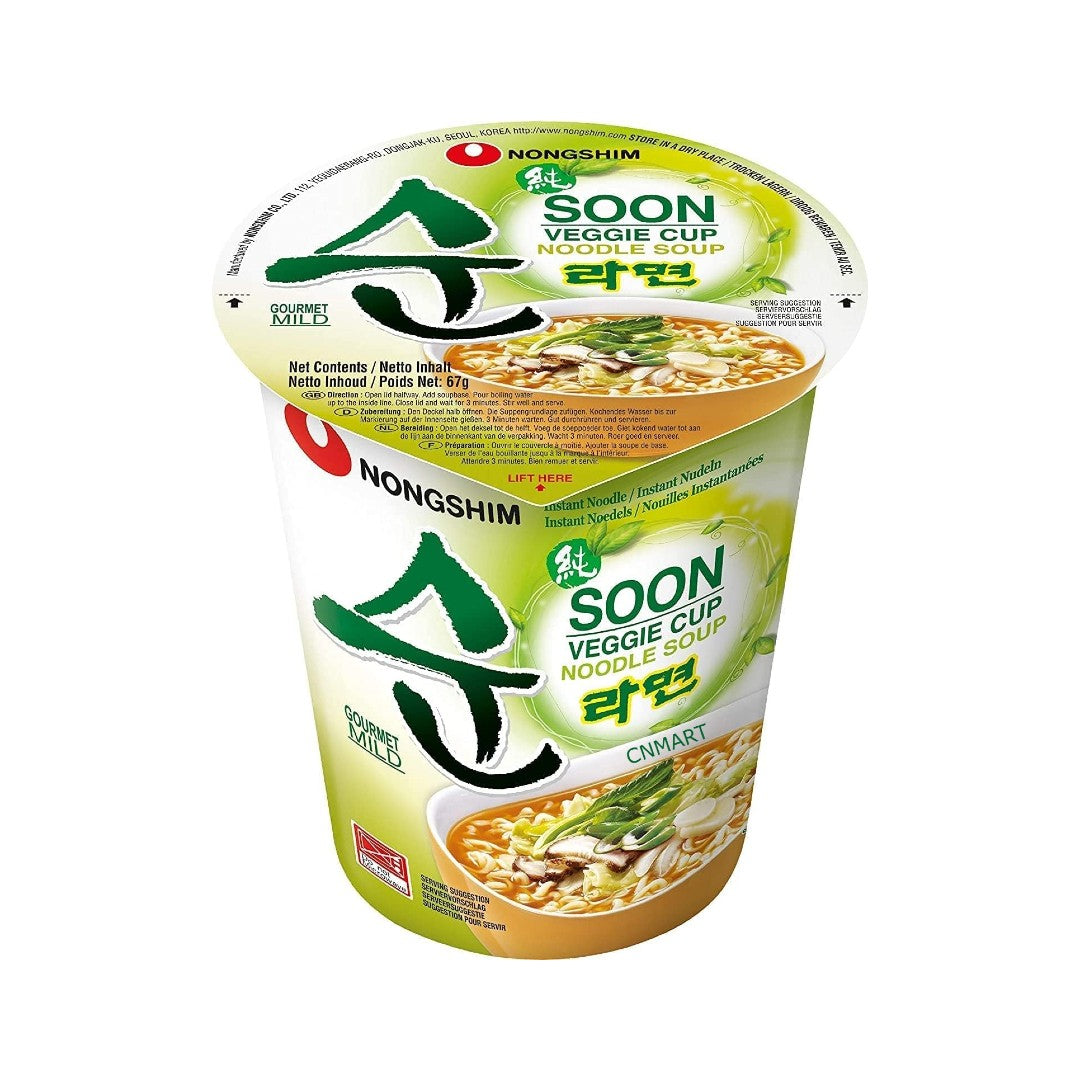 Nongshim Soon Veggie mild instant noodle cup with green and white packaging featuring a vegetable noodle soup image on the front.
