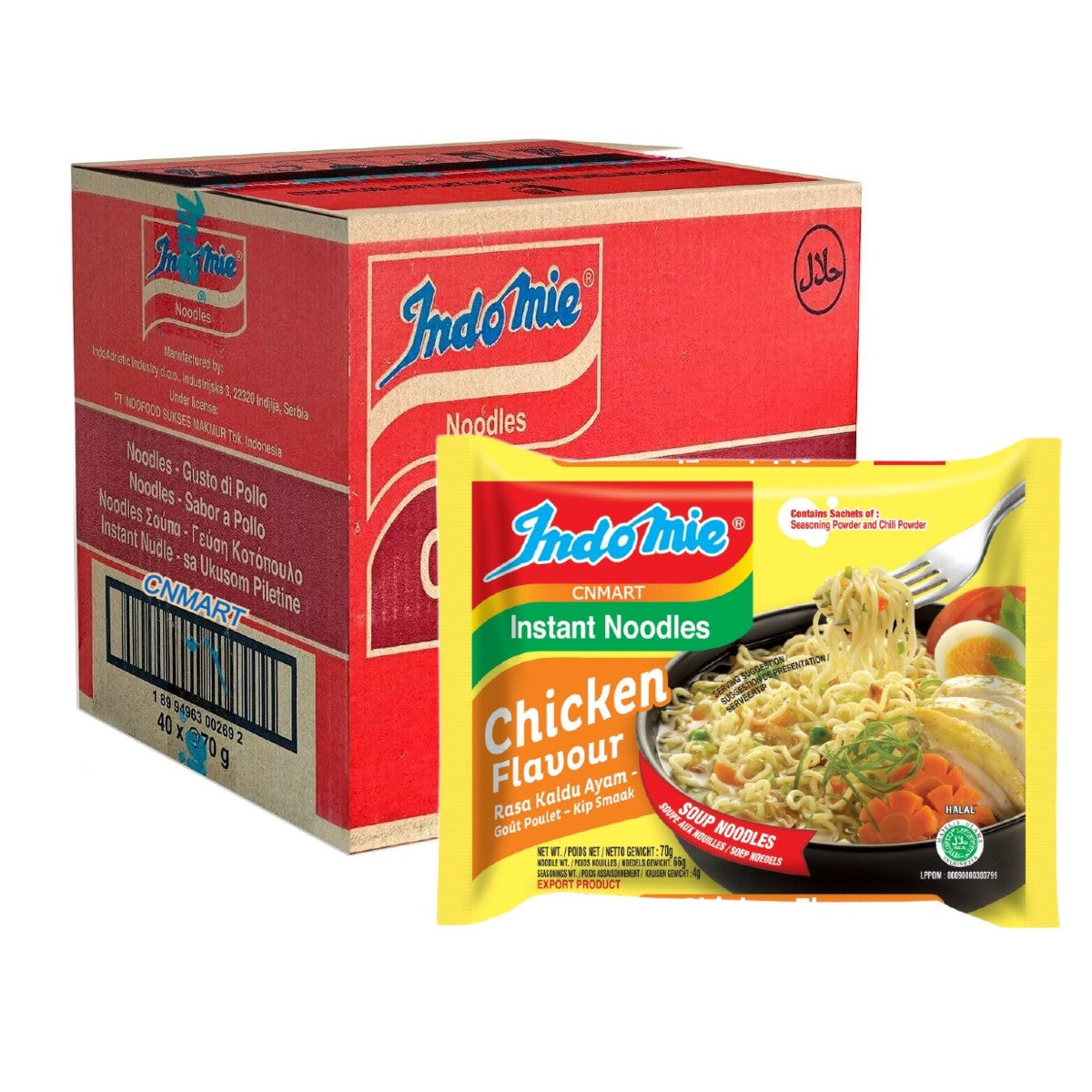 Indomie Chicken Flavour instant noodles 70g retail packet shown alongside a cardboard pack of 40 soup-style noodle packs.