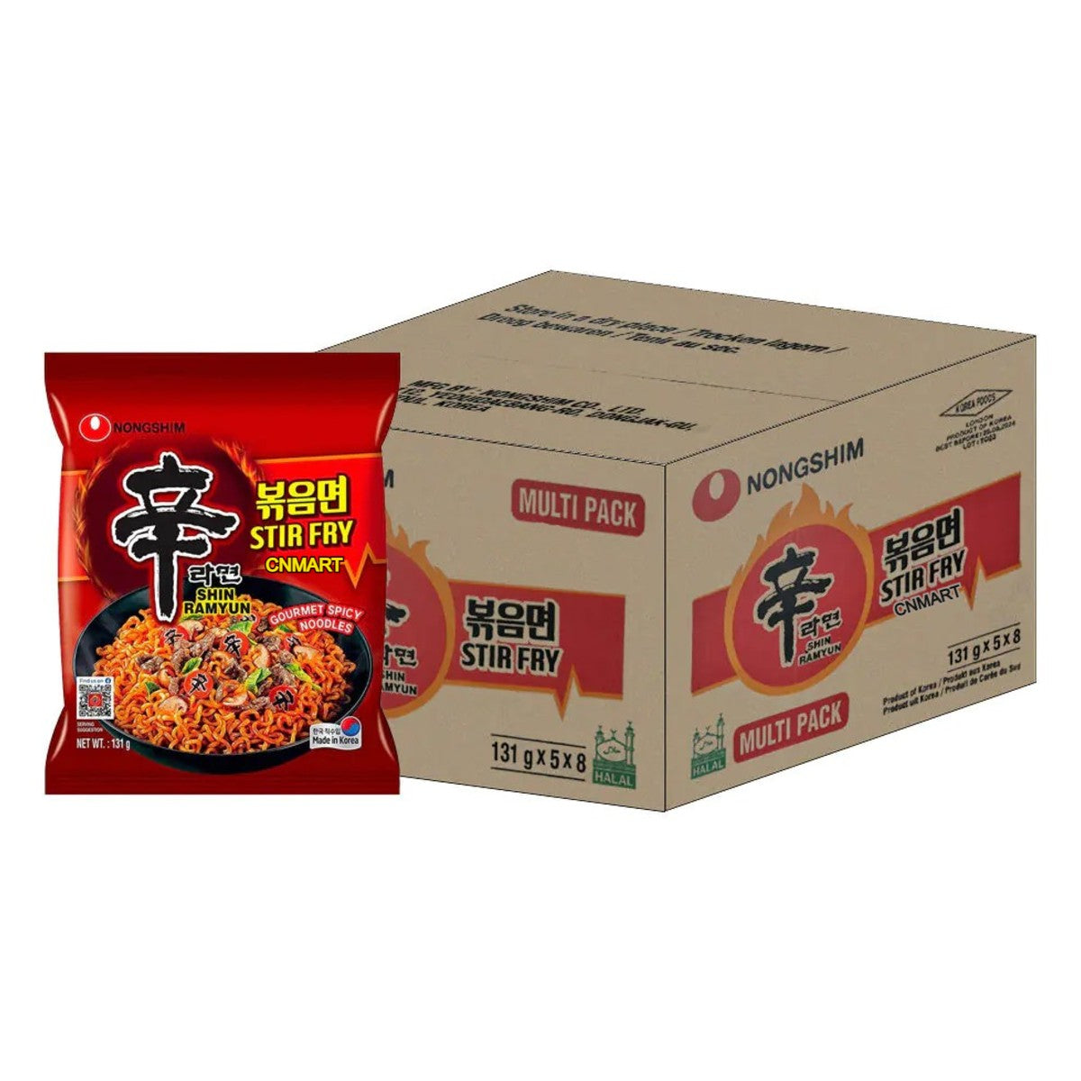 Nongshim Shin Ramyun Stir Fry Korean Spicy Instant Noodles multipack carton with individual noodle packet, 131g servings, Korean stir fry ramyun, halal certified, bulk case packaging.