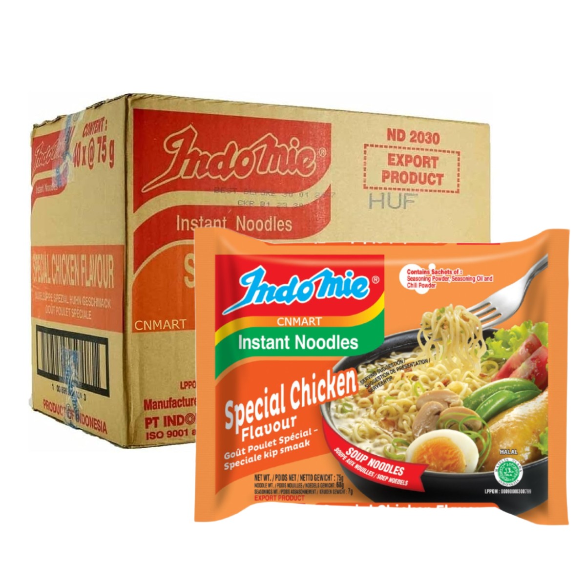 Indomie Special Chicken Flavour instant noodles 75g retail packet shown alongside a cardboard pack of 40 soup-style noodle packs.