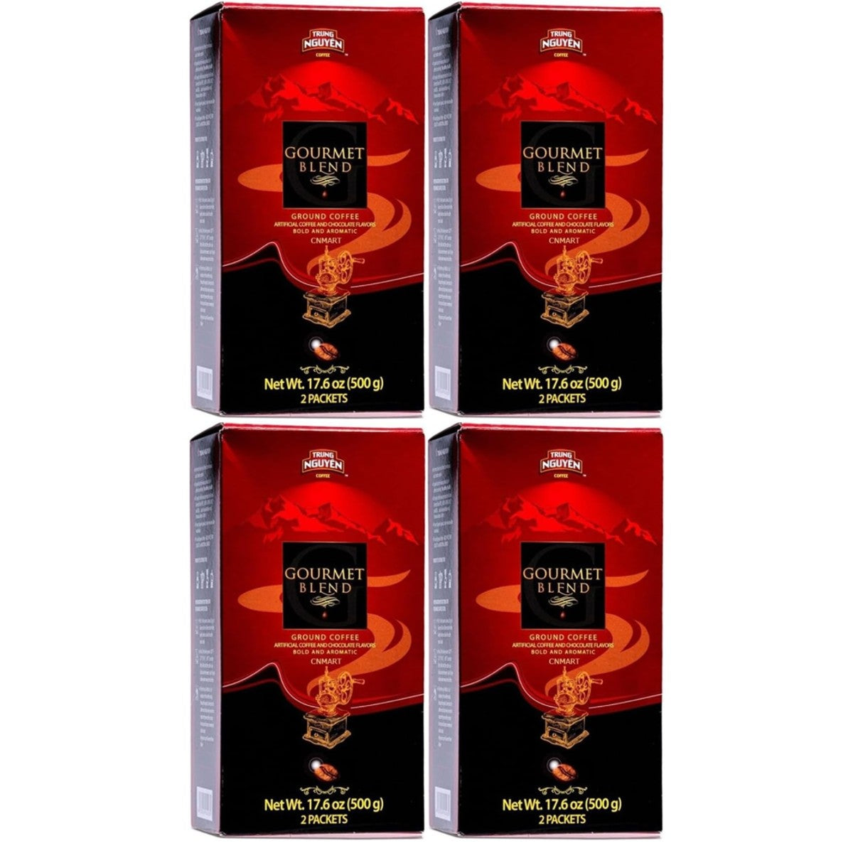 Trung Nguyen Gourmet Blend Vietnamese ground coffee multipack featuring bold aromatic coffee blend packaging with four 500g retail boxes suitable for home brewing and Vietnamese style coffee preparation.