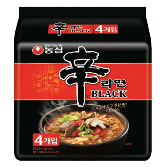 Front view of Nongshim Shin Ramyun Black 4 Pack showing the black and red packaging and a bowl of spicy beef bone broth ramen.