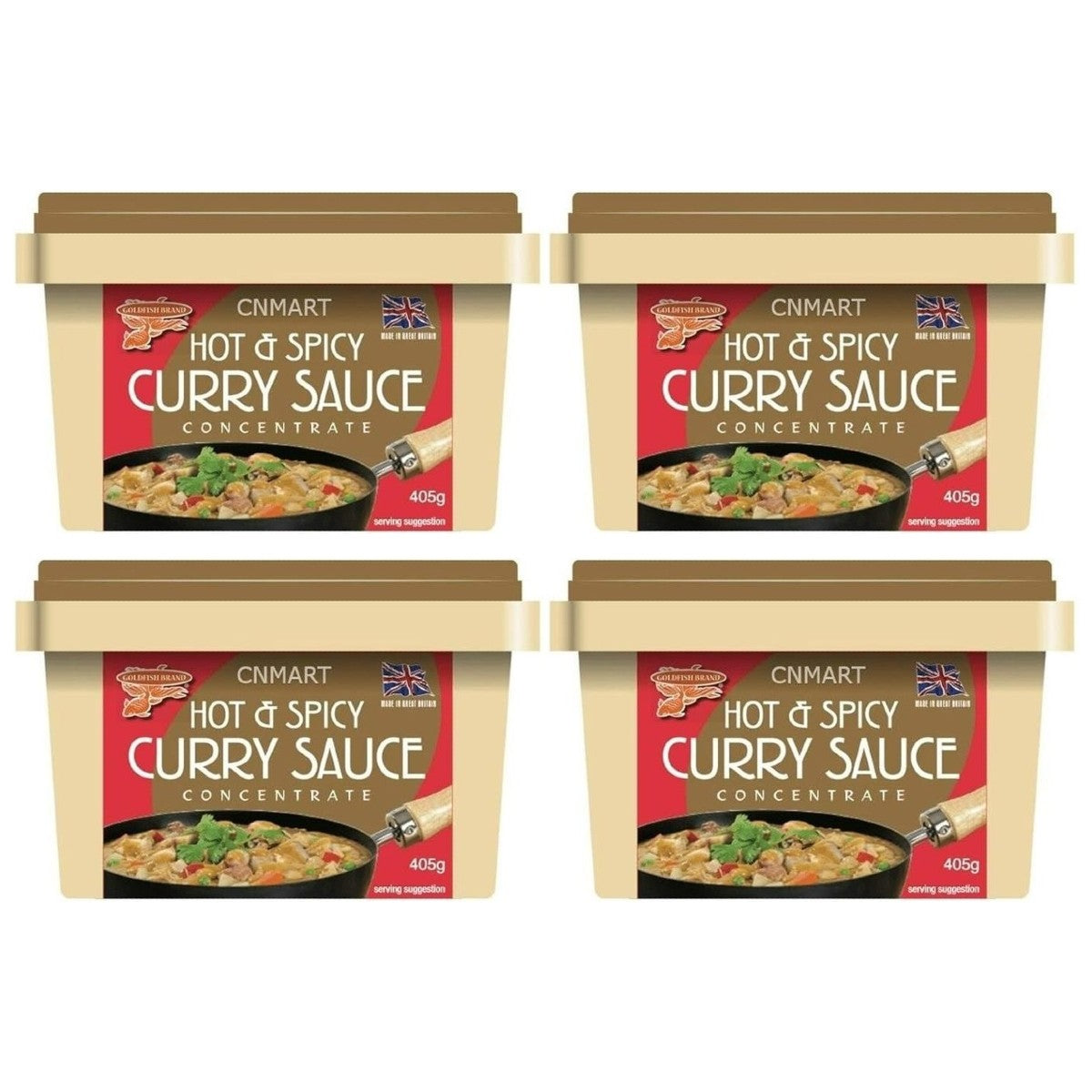 Four tubs of Goldfish Hot & Spicy Curry Sauce Concentrate 405g displayed together with red and gold packaging and curry serving suggestion image