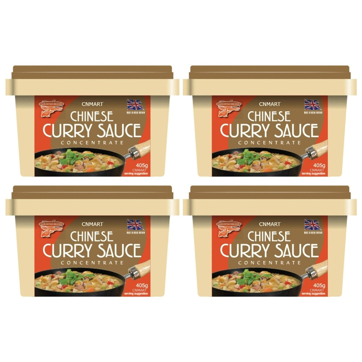 Four tubs of Goldfish Chinese Curry Sauce Paste Concentrate 405g shown together in beige plastic jars with brown lids and curry serving suggestion image