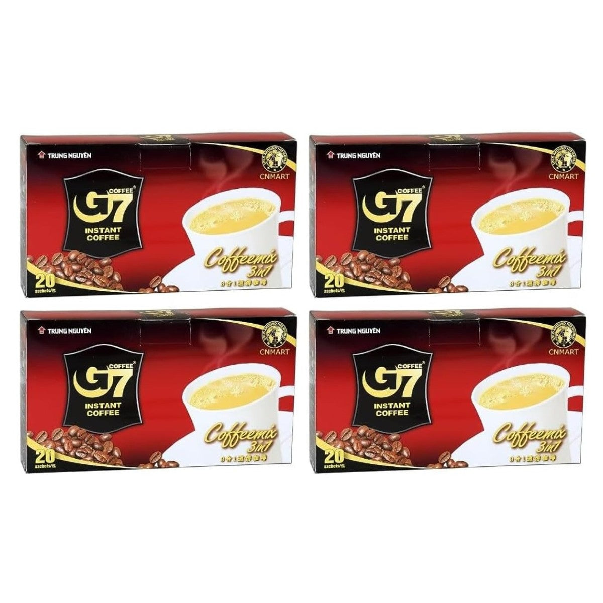 Trung Nguyen G7 Coffeemix 3 in 1 instant Vietnamese coffee sachets multipack with rich coffee flavour and creamy coffee drink packaging displayed in four retail boxes.