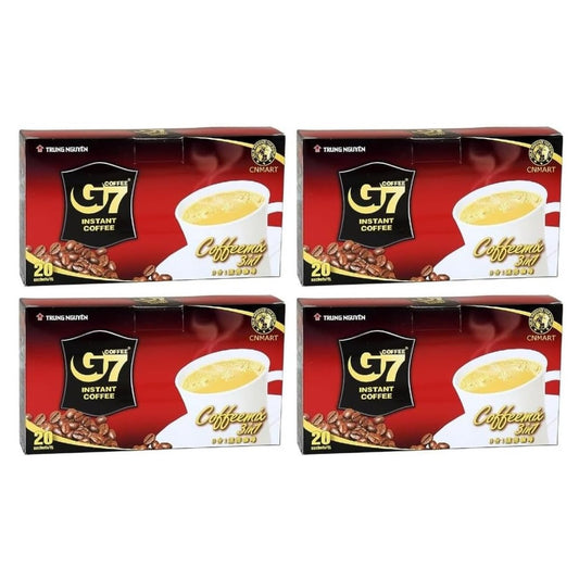 Trung Nguyen G7 Coffeemix 3 in 1 instant Vietnamese coffee sachets multipack with rich coffee flavour and creamy coffee drink packaging displayed in four retail boxes.