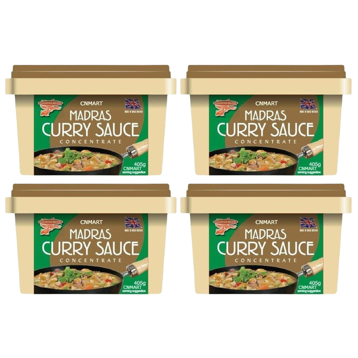 Four tubs of Goldfish Madras Curry Sauce Paste Concentrate 405g in beige plastic tubs with green labels and curry serving suggestion image