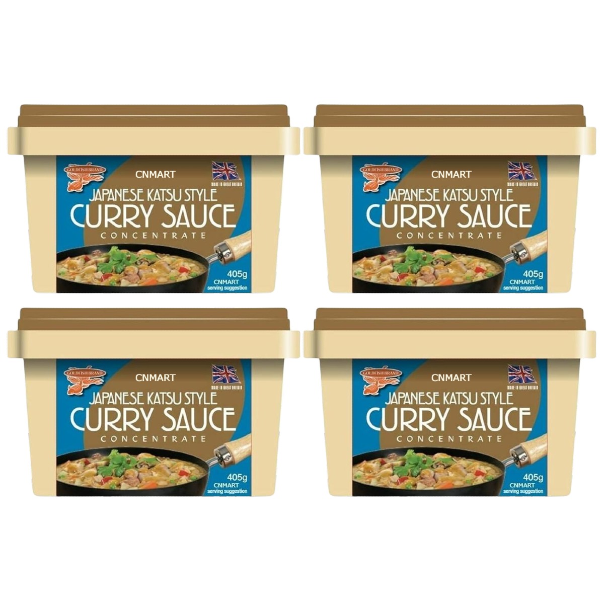 Four tubs of Goldfish Japanese Katsu Style Curry Sauce Paste Concentrate 405g in beige plastic tubs with blue labels and curry serving suggestion image